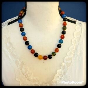 Vtg Handknotted Gemstone Rainbow Five Chakra Chunky Beaded Necklace